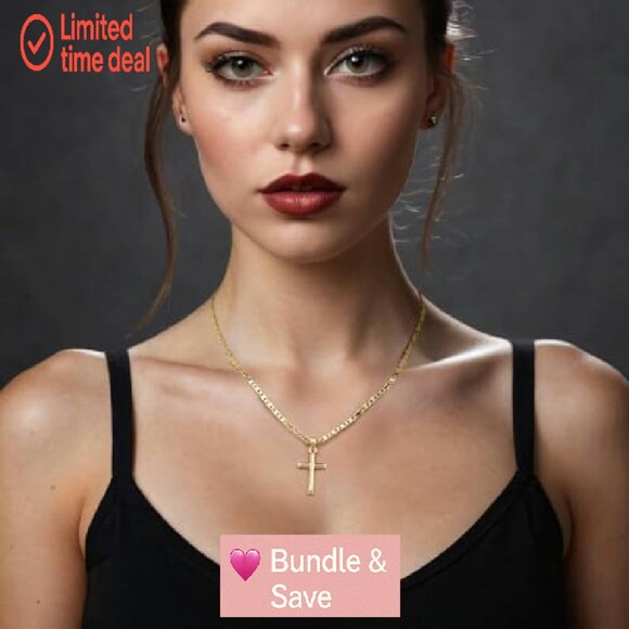 14K Gold Cross Pendant Necklace 26mm Minimalist Faith Chain - Picture 4 of 8